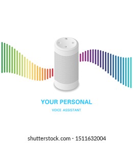 Voice assistant. Smart speaker with rainbow sound wave on white background. Isometric vector realistic illustration.