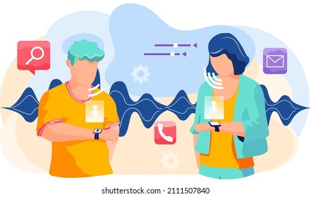 Voice assistant. Smart speaker virtual assistant, sound robot, people using voice controlled smart speaker. Voice activate digital assistant identification control contactless mobile device microphone