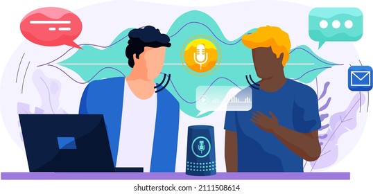 Voice assistant. Smart speaker virtual assistant, sound robot, people using voice controlled smart speaker. Voice activate digital assistant identification control contactless mobile device microphone