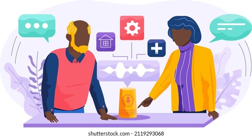 Voice assistant. Smart speaker virtual assistant, sound robot, people using voice controlled smart speaker. Voice activate digital assistant identification control contactless mobile device microphone