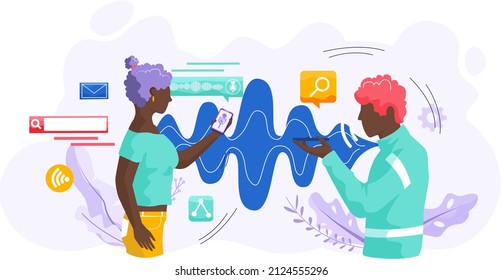 Voice assistant. Smart speaker virtual assistant, sound robot, people using voice controlled smart speaker. Voice activate digital assistant identification control contactless mobile device microphone