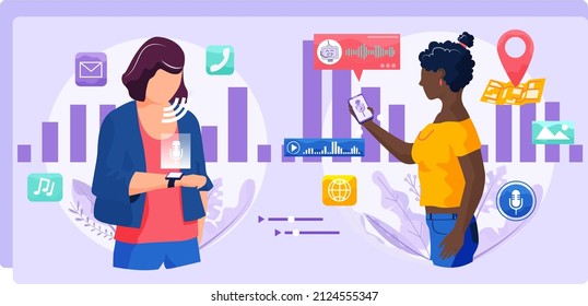 Voice assistant. Smart speaker virtual assistant, sound robot, people using voice controlled smart speaker. Voice activate digital assistant identification control contactless mobile device microphone