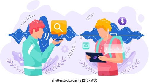 Voice assistant. Smart speaker virtual assistant, sound robot, people using voice controlled smart speaker. Voice activate digital assistant identification control contactless mobile device microphone