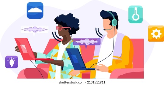 Voice assistant. Smart speaker virtual assistant, sound robot, people using voice controlled smart speaker. Voice activate digital assistant identification control contactless mobile device microphone