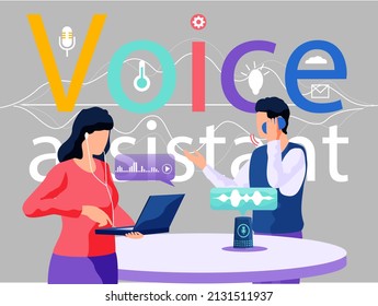 Voice assistant. Smart speaker virtual assistant, sound robot, people using voice controlled smart speaker. Voice activate digital assistant identification control contactless mobile device microphone