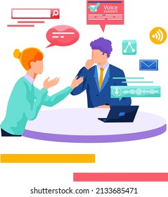 Voice assistant. Smart speaker virtual assistant, sound robot, people using voice controlled smart speaker. Voice activate digital assistant identification control contactless mobile device microphone