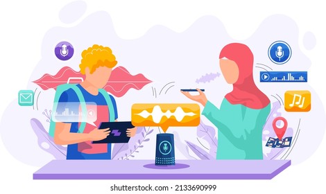 Voice assistant. Smart speaker virtual assistant, sound robot, people using voice controlled smart speaker. Voice activate digital assistant identification control contactless mobile device microphone