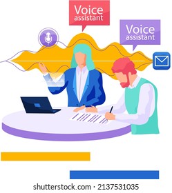 Voice assistant. Smart speaker virtual assistant, sound robot, people using voice controlled smart speaker. Voice activate digital assistant identification control contactless mobile device microphone