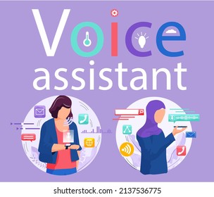 Voice assistant. Smart speaker virtual assistant, sound robot, people using voice controlled smart speaker. Voice activate digital assistant identification control contactless mobile device microphone