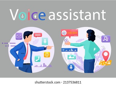 Voice assistant. Smart speaker virtual assistant, sound robot, people using voice controlled smart speaker. Voice activate digital assistant identification control contactless mobile device microphone