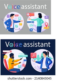 Asistente de voz. Asistente virtual de altavoz inteligente, robot de sonido, personas que usan altavoz inteligente controlado por voz. Micrófono de dispositivo móvil sin contacto de control de identificación del asistente digital de activación de voz