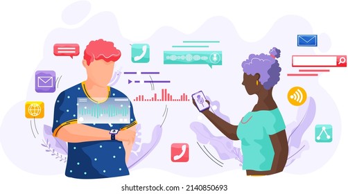 Voice assistant. Smart speaker virtual assistant, sound robot, people using voice controlled smart speaker. Voice activate digital assistant identification control contactless mobile device microphone