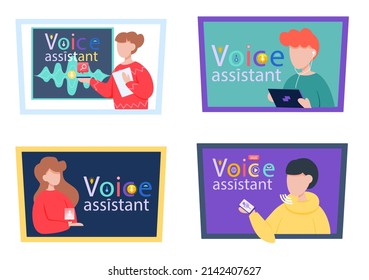 Voice assistant. Smart speaker virtual assistant, sound robot, people using voice controlled smart speaker. Voice activate digital assistant identification control contactless mobile device microphone