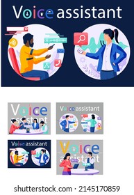 Sprachassistent. Intelligenter virtueller Lautsprecher, Soundroboter, Leute, die einen sprachgesteuerten intelligenten Lautsprecher verwenden. Voice-Aktivierung der digitalen Assistenzerkennung kontaktloses Mikrofon für mobile Geräte