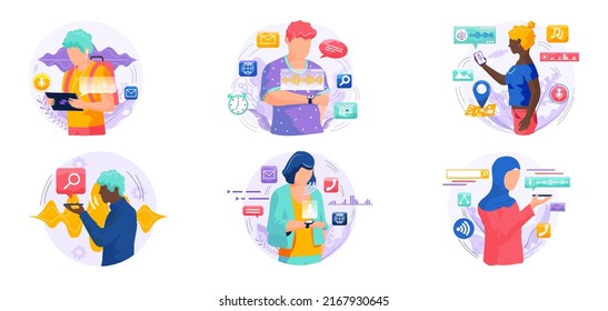 Voice assistant. Smart speaker virtual assistant, sound robot, people using voice controlled smart speaker. Voice activate digital assistant identification control contactless mobile device microphone