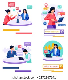 Voice assistant. Smart speaker virtual assistant, sound robot, people using voice controlled smart speaker. Voice activate digital assistant identification control contactless mobile device microphone