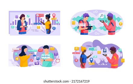 Voice assistant. Smart speaker virtual assistant, sound robot, people using voice controlled smart speaker. Voice activate digital assistant identification control contactless mobile device microphone