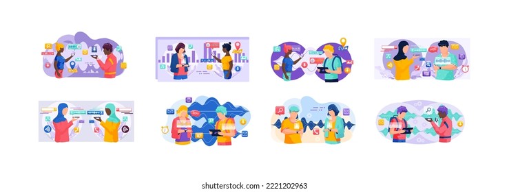 Voice assistant. Smart speaker virtual assistant, sound robot, people using voice controlled smart speaker. Voice activate digital assistant identification control contactless mobile device microphone