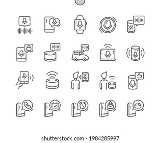 Asistente de voz. Smartwatch, smartphone y columna inteligente. Ayuda, servicio móvil, aplicación, comunicación, en línea, aplicación, gadget. Iconos De Línea Delgada De Vector Perfecto De Pixel. Pictograma mínimo simple