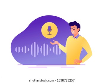 Voice assistant with smiling man showing voice controlled smart speaker. Speaker recognitionr, voice activated digital assistants, identification. Flat concept vector illustration