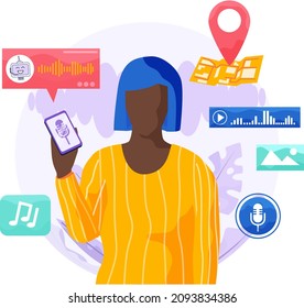 Voice assistant software agent perform tasks for user. Speaker recognition, vote controlled smart speaker. Woman voice activated digital assistants, identification. Virtual assistant, sound robot
