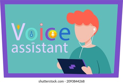 Voice assistant software agent perform tasks for user. Speaker recognition, vote controlled smart speaker. Man voice activated digital assistants, identification. Virtual assistant, sound robot