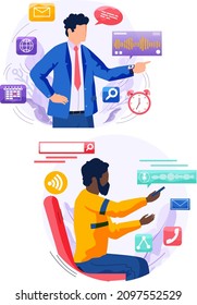 Voice assistant software agent perform tasks for user. Speaker recognition, vote controlled smart speaker. Man voice activated digital assistants, identification. Virtual assistant, sound robot