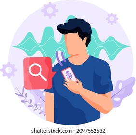 Voice assistant software agent perform tasks for user. Speaker recognition, vote controlled smart speaker. Man voice activated digital assistants, identification. Virtual assistant, sound robot