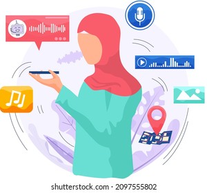 Voice assistant software agent perform tasks for user. Young woman holding smartphone with app. Speaker recognition, vote controlled smart speaker. Voice activated digital assistants, identification