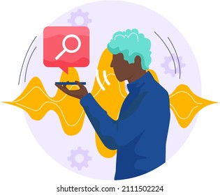 Voice assistant software agent perform tasks for user. Young man holding smartphone with app. Sound recognition, vote controlled smart speaker. Voice activated digital assistants, identification