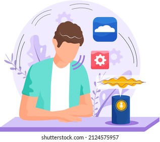 Voice assistant software agent perform tasks for user. Speaker recognition, vote controlled smart speaker. Man voice activated digital assistants, identification. Virtual assistant, sound robot