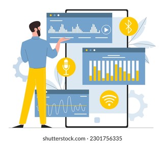 Voice assistant software. Man communicates with artificial intelligence. Analysis of commands and sound waves. Virtual assistant and helper. Speaker recognition. Cartoon flat vector illustration