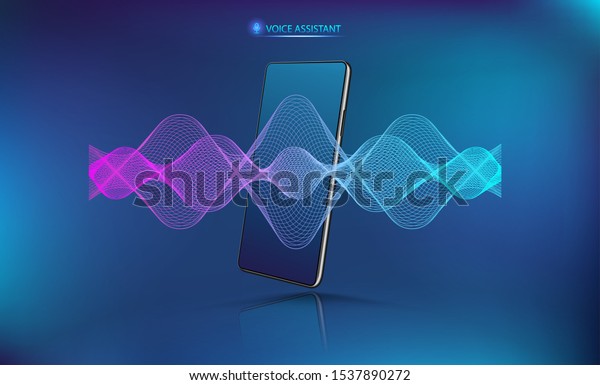Voice assistant sound wave with smartphone\
mockup. Microphone voice control technology, voice and sound\
recognition. Hi-tech AI assistant, background wave flow, equalizer.\
CellPhone voice helper.