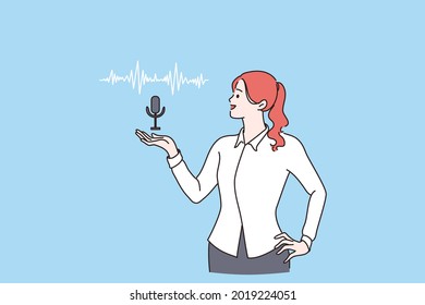 Voice assistant, speaker recognition concept. Smiling woman cartoon character standing showing voice controlled smart speaker activated digital assistants vector illustration