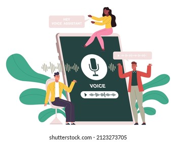 Voice assistant technology, digital smart speaker concept. Cartoon characters use voice assistants on smartphone screen vector illustration. Smart digital assistant concept. Helper recognizing speech