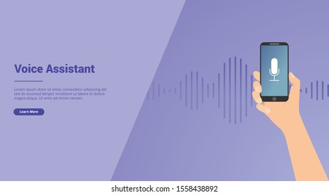 voice assistant technology with hand and smartphone for website template or landing homepage banner - vector