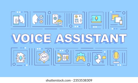 Voice assistant text with various thin line icons concept on blue monochromatic background, editable 2D vector illustration.
