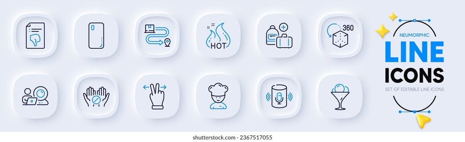 Voice assistant, Touchscreen gesture and Add handbag line icons for web app. Pack of Medical tablet, Thumb down, Cooking chef pictogram icons. Video conference, Augmented reality. Vector