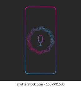 Voice assistant ui app concept with circle sound wave and microphone icon neon gradient color. 