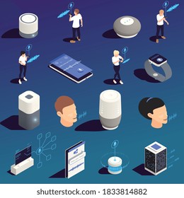 Voice assistant user neural network mobile app smartwatch application smart home devices connection isometric set vector illustration 