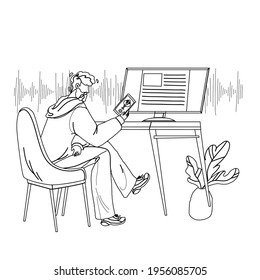 Voice Assistant Using Man On Smartphone Black Line Pencil Drawing Vector. Boy Talking With Digital Assistant Mobile Phone Application. Character With Electronic Gadget Conversation Illustration