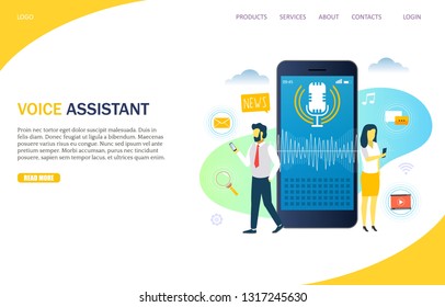 Voice assistant vector website template, web page and landing page design for website and mobile site development. Personal assistant, voice recognition, smart speaker concept.