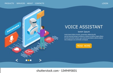 Voice assistant vector website template, web page and landing page design for website and mobile site development. Intelligent personal assistant, virtual assistant, chatbot technology concept.