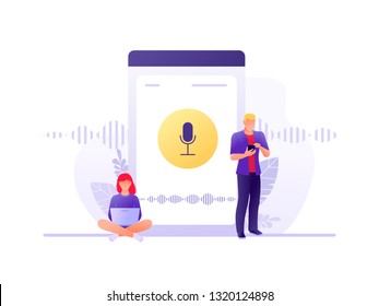 Voice assistant. Young people with gadgets near smartphone. Speaker recognition, voice controlled smart speaker. Voice activated digital assistants, identification. Flat concept vector illustration