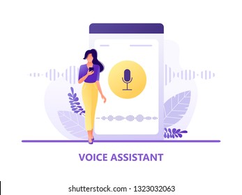 Auxiliar de voz. Mujer joven con celular cerca del smartphone. Reconocimiento del altavoz, altavoz inteligente controlado por voz. Asistentes digitales activados por voz, identificación. Ilustración vectorial de concepto plano