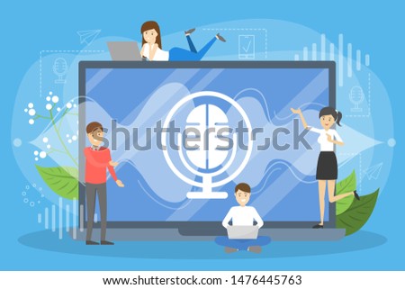 Voice assitant system in the laptop computer concept. Smart digital technology, artificial intelligence. Vector illustration in cartoon style