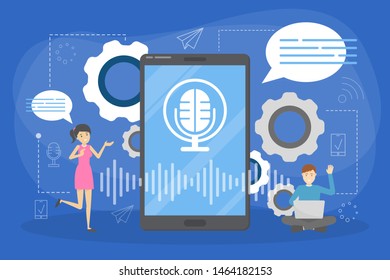 Voice assitant system in the mobile phone concept. Smart digital technology, artificial intelligence. Vector illustration in cartoon style