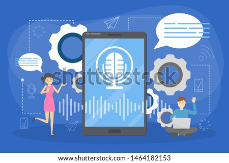 Voice assitant system in the mobile phone concept. Smart digital technology, artificial intelligence. Vector illustration in cartoon style