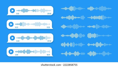 Voice, audio message, blue speech bubble. SMS text frame. Social media chat or messaging app conversation. Voice assistant, recorder. Sound wave pattern. Vector illustration