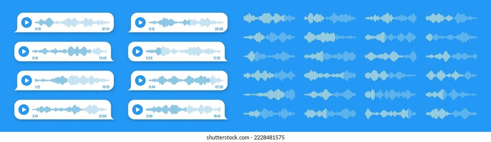 Voice, audio message, blue speech bubble. SMS text frame. Social media chat or messaging app conversation. Voice assistant, recorder. Sound wave pattern. Vector illustration